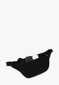 Black fabric fanny pack with a zippered closure, featuring two electronic devices partially visible inside; slight sheen on the material.