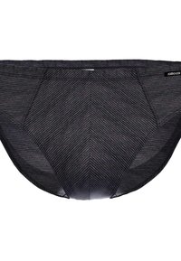 Schwarz gestreifte Schwimmbriefs mit glatter Textur, niedrig sitzendem Design und dezentem elastischem Bund. Das Etikett trägt "AMMANN".