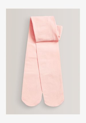 Collant rosa chiaro realizzati in materiale liscio, con design senza cuciture, punta arrotondata e vita piegata per la regolabilità.