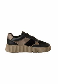 Sparkling black and beige sneakers with a textured platform sole, featuring mixed materials, including suede and smooth leather accents.