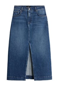 Jupe en denim bleu moyen, avec une fente avant, cinq poches et des passants de ceinture. Design droit classique, avec des détails de décoloration et de couture subtils.