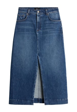 Gonna in denim di blu medio, con uno spacco frontale, cinque tasche e passanti per la cintura. Design dritto classico, con leggeri effetti di scolorimento e dettagli di cucitura.