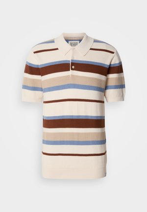 Polo shirt featuring horizontal stripes in brown, beige, and blue on a cream background. Short sleeves and collared neck. Textured fabric.