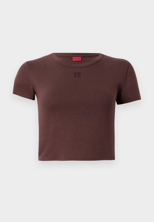 Brown cotton short-sleeve crop top featuring a round neckline and "HU 60" logo in a lighter shade on the front. Smooth texture.