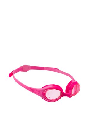 Occhialini da nuoto rosa acceso con lenti trasparenti e cinturino regolabile, progettati per una vestibilità comoda e sicura.
