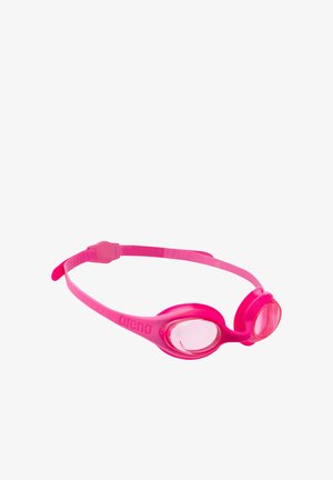 Occhialini da nuoto rosa acceso con lenti trasparenti e cinturino regolabile, progettati per una vestibilità comoda e sicura.