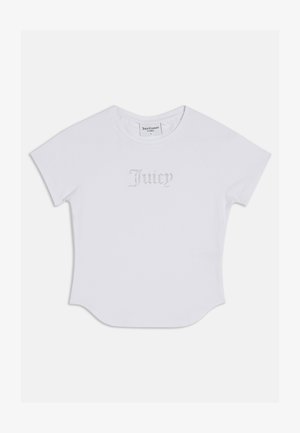 Biela tričko s krátkym rukávom a zaobleným lemom, na prednej strane s nápisom "Juicy" ozdobeným kryštálmi. Mäkký bavlnený materiál.