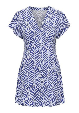 Robe à manches courtes avec boutons sur le devant, motif abstrait de feuilles bleu et blanc, col en V.