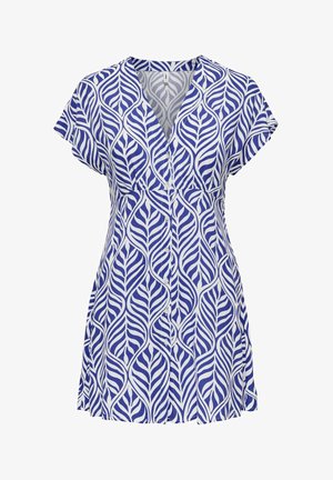 Robe à manches courtes avec boutons sur le devant, motif abstrait de feuilles bleu et blanc, col en V.