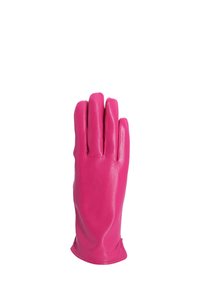 Guanto in pelle rosa con tre dita distinte, texture liscia, design aderente e polsino curvo che favorisce una vestibilità stretta attorno al polso.