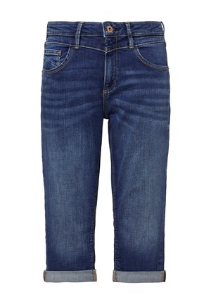 Donkerblauwe denim jeans met een rechte pasvorm, opgerolde manchetten, vijf-pocket ontwerp en een tan kleurige knoop bij de tailleband. Soepele textuur.