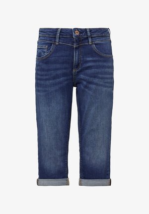 Jeans en denim bleu foncé avec une coupe droite, ourlets retroussés, design à cinq poches et un bouton beige à la taille. Texture lisse.