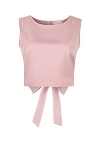 Helles rosa, tailliertes Oberteil aus glattem Stoff. Verfügbar mit einem runden Ausschnitt und einem Bindedetail an der Taille. Ärmelloses Design mit sauberem Finish.
