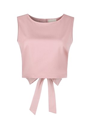 Light pink cropped top made from smooth fabric. Features a round neckline and a tie detail at the waist. Sleeveless design with a clean finish.