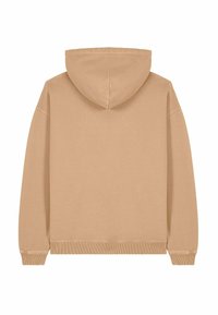 Felpa beige con cappuccio, dotata di polsini e orlo a coste. Texture liscia, maniche lunghe e tasca a marsupio. Design minimalista, colore uniforme.