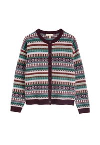 Knit cardigan featuring multicolored patterns in teal, burgundy, and cream, with a ribbed collar and six-button front closure.