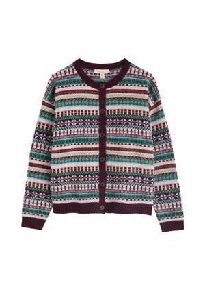 Gehaakte cardigan met veelkleurige patronen in teal, bordeauxrood en roomkleur, met een geribde kraag en een sluiting met zes knopen aan de voorkant.