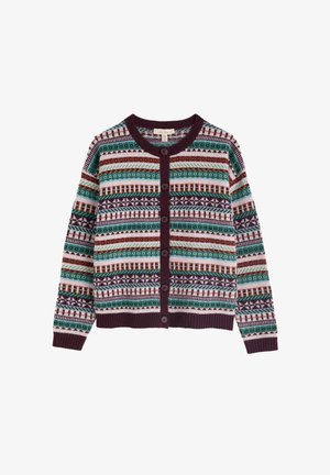 Gehaakte cardigan met veelkleurige patronen in teal, bordeauxrood en roomkleur, met een geribde kraag en een sluiting met zes knopen aan de voorkant.