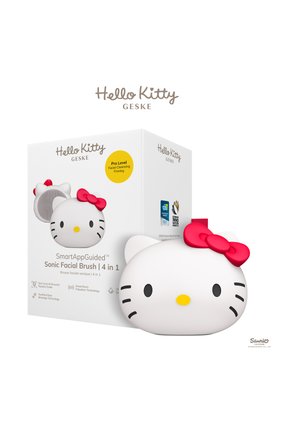 Brosse faciale sonique en forme de Hello Kitty avec un nœud rouge, présentée à côté d’une boîte blanche étiquetée pour un nettoyage et un raffermissement du visage de niveau professionnel.