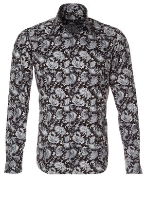 Chemise noire à manches longues avec boutons, ornée d'un motif floral paisley blanc et gris complexe, col pointu.