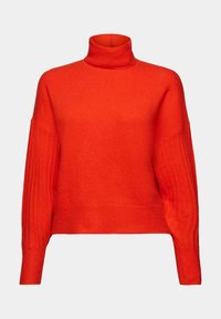 Roter Rollkragenpullover mit lässiger Passform. Geripptes Material an den Ärmeln, weicher Stoff, verkürztes Design. Glatte Oberfläche, keine sichtbaren Verschlüsse.
