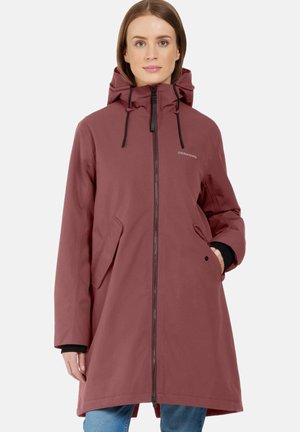 Waterproof maroon coat with a zip front, adjustable hood, two side pockets, and black accents at cuffs and zipper. Features a relaxed fit.
