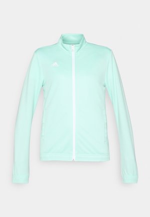 Lys mintgrønn zip-up treningsjakke med ståande krage, lange ermer og kvit glidelås. Har adidas-logo på øvre venstre side.
