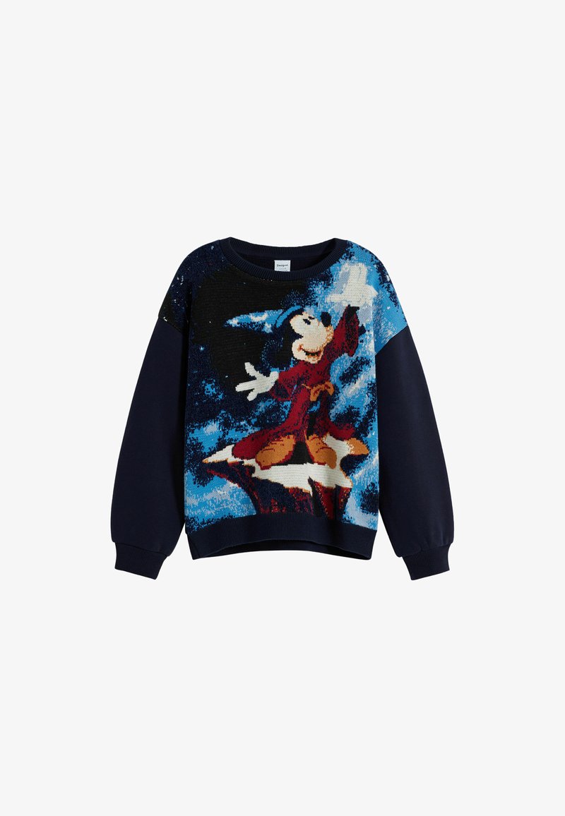 Stickad tröja med en bild av en tecknad karaktär i en röd kappa mot en mörkblå och ljusblå bakgrund. Långa ärmar, rund halsringning.