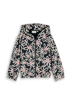 Giacca blu navy con cappuccio e zip completa, decorata con grandi margherite bianche con centri rosa, polsini elastici sulle maniche.
