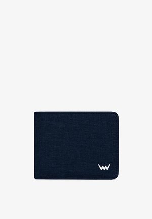 Navy fabric wallet with a simple rectangular shape, featuring a white logo in the bottom right corner and smooth texture.