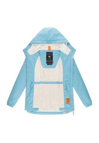 Light blue jacket with a hood, soft white lining, front pockets, elastic cuffs, and a tag on the left side. Features adjustable drawstrings.