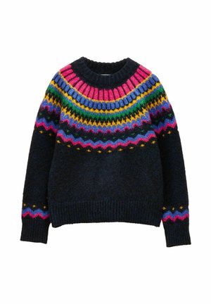 Strickpullover in dunkelblau mit einem mehrfarbigen Halsmuster in rosa, gelb, grün und blau. Rippbündchen an den Ärmeln und am Saum.
