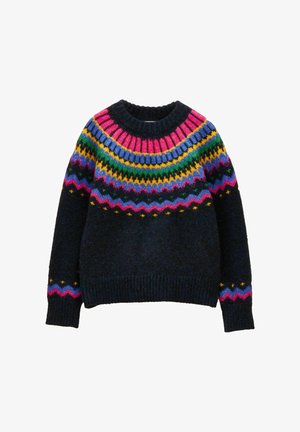 Knitted sweater in dark navy, featuring a multi-colored yoke pattern with pink, yellow, green, and blue accents. Ribbed cuffs and hem.