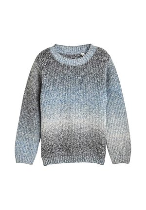 Pull en dégradé gris et bleu, col rond, texture côtelée, manches longues, motif tricoté, tissu doux, épaisseur moyenne.