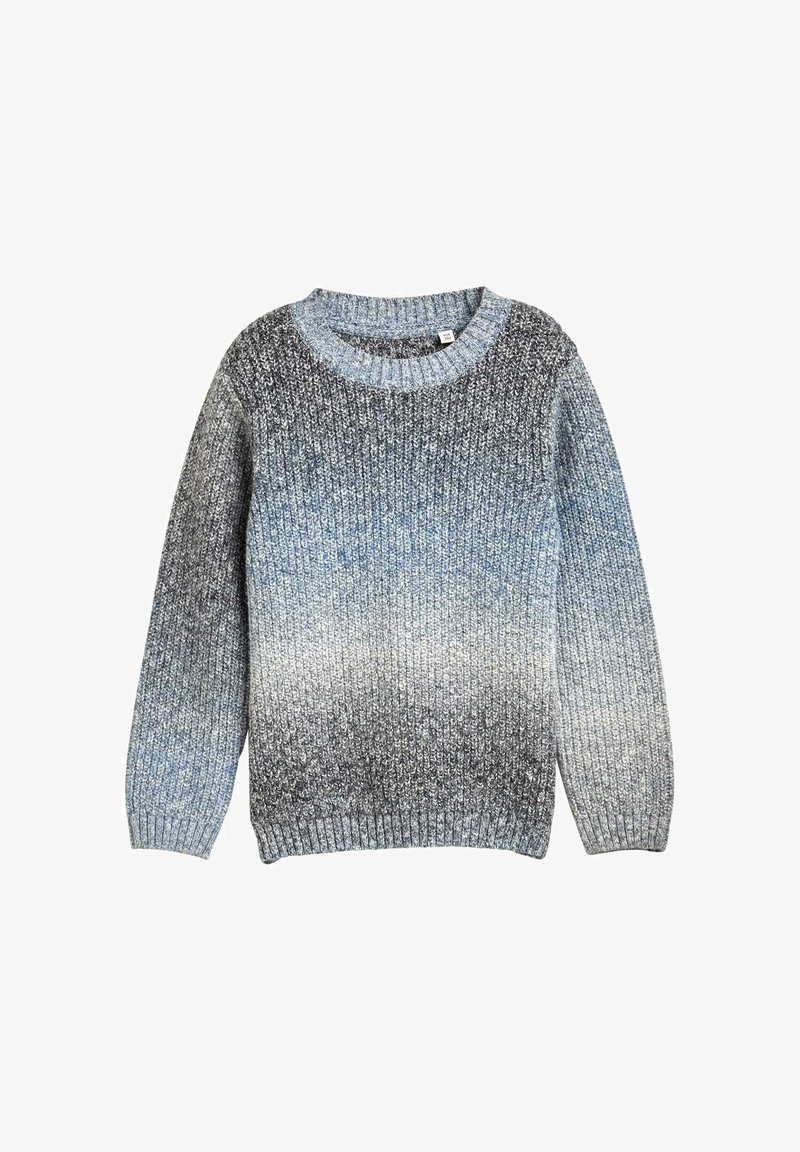 Maglione grigio e blu gradient, collo rotondo, texture a coste, maniche lunghe, motivo lavorato a maglia, tessuto morbido, spessore medio.