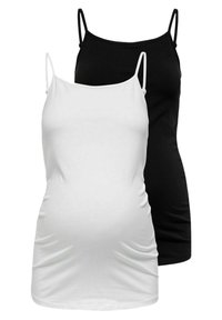 Two camisole tops in black and white, featuring thin straps, a fitted design, and gathered fabric for stretch, suitable for layering.