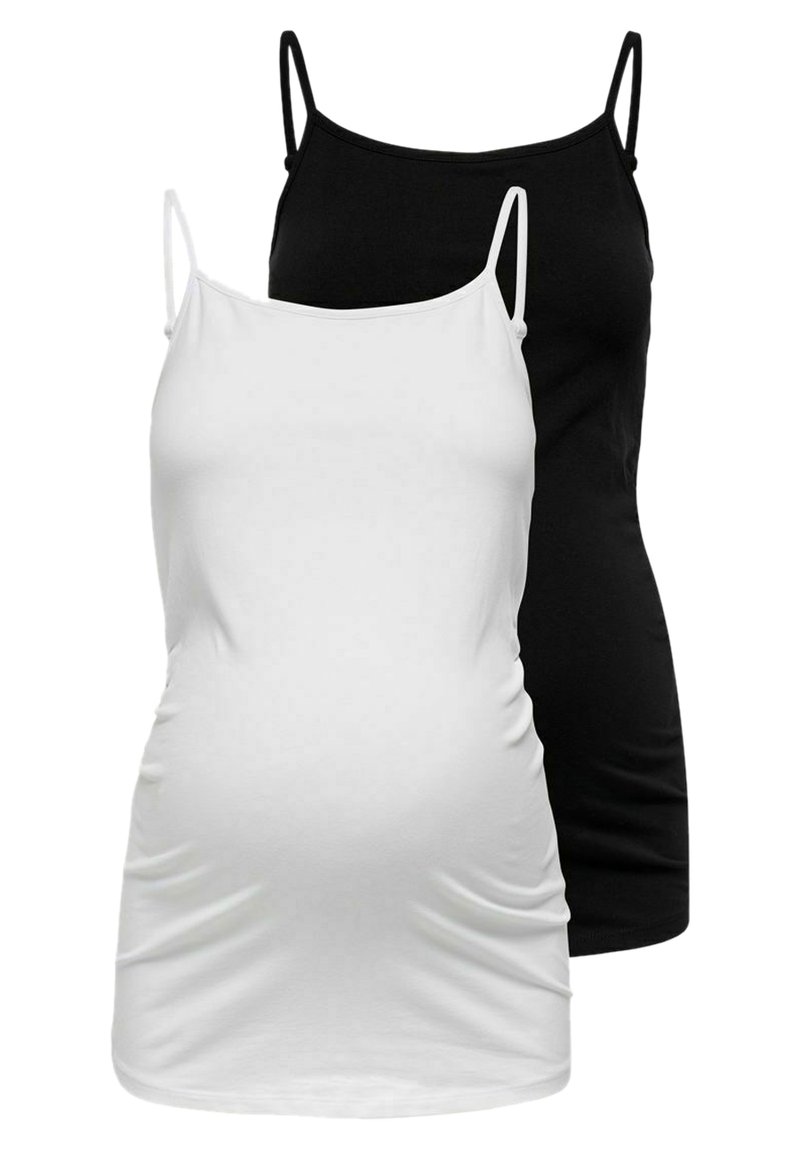 Two camisole tops in black and white, featuring thin straps, a fitted design, and gathered fabric for stretch, suitable for layering.