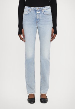 Light blue denim jeans with a straight fit, five-pocket design, slight fading, and contrasting stitching details at the waistband and pockets.