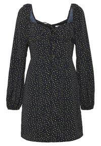 Schwarzes Kleid mit langen Puffärmeln, das über einen quadratischen Ausschnitt und gelbe Pünktchen verfügt. Der Stoff ist weich und hat eine taillierte Passform.