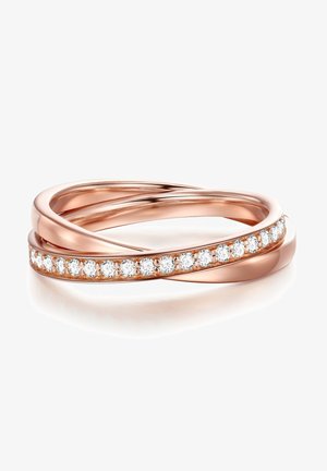 Roségold verschlungener Ring mit zwei glatten Bändern und einem dritten, das mit einer Reihe runder klarer Edelsteine besetzt ist und ein funkelndes Detail erzeugt.