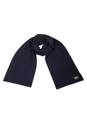 Tmavě námořnicky modrý vlněný šátek s malou bílou nášivkou "ECOALF" blízko jednoho konce, volně uvázaný na bílém pozadí.