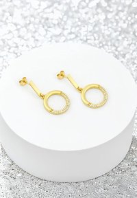 Orecchini a cerchio in oro con un design circolare, caratterizzati da una banda accentuata di piccoli diamanti e un attacco a post dritto.