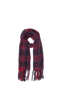 Bufanda de cuadros en rojo y azul marino, hecha de un tejido suave y texturizado, con extremos con flecos y un diseño largo y ligero para un estilo versátil.
