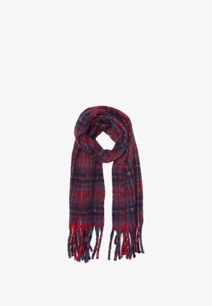 Sciarpa a scacchi rossa e blu navy realizzata in morbido tessuto testurizzato, con estremità frangianti e un design lungo e leggero per uno stile versatile.