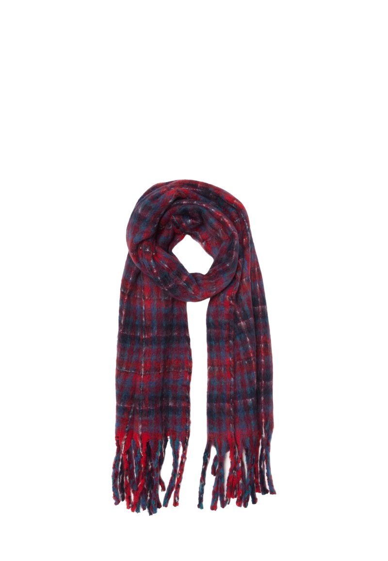 Bufanda de cuadros en rojo y azul marino, hecha de un tejido suave y texturizado, con extremos con flecos y un diseño largo y ligero para un estilo versátil.