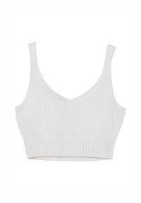 Cropped top bianco a maglia con spalline sottili, caratterizzato da una scollatura a V e orlo a coste testurizzato. Tessuto liscio con una leggera lucentezza.