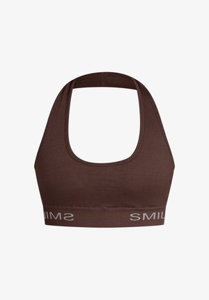 Soutien-gorge de sport marron à côtes avec des larges bretelles et un encolure arrondie. Présente un logo blanc "SMILE" en contraste sur la bande élastique.