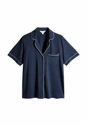 Camicia a maniche corte blu navy con piping bianco su colletto, tasca e bordi delle maniche, dotata di una tasca sul petto.