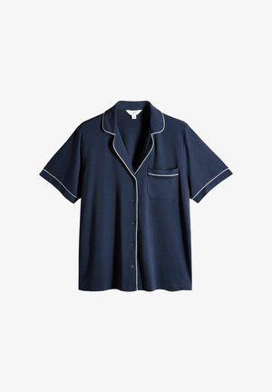 Tume sinise lühi-varrukaga nööbiga särk, millel on valged äärised krael, taskul ja varruka servadel ning üks rindetasku.