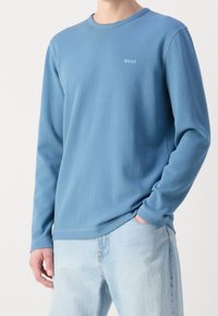 Blaues Langarmshirt aus weich beschichtetem Baumwollmix, mit rundem Halsauschnitt und kleinem weißen "BOSS"-Logo auf der Brust. Glatte Textur.